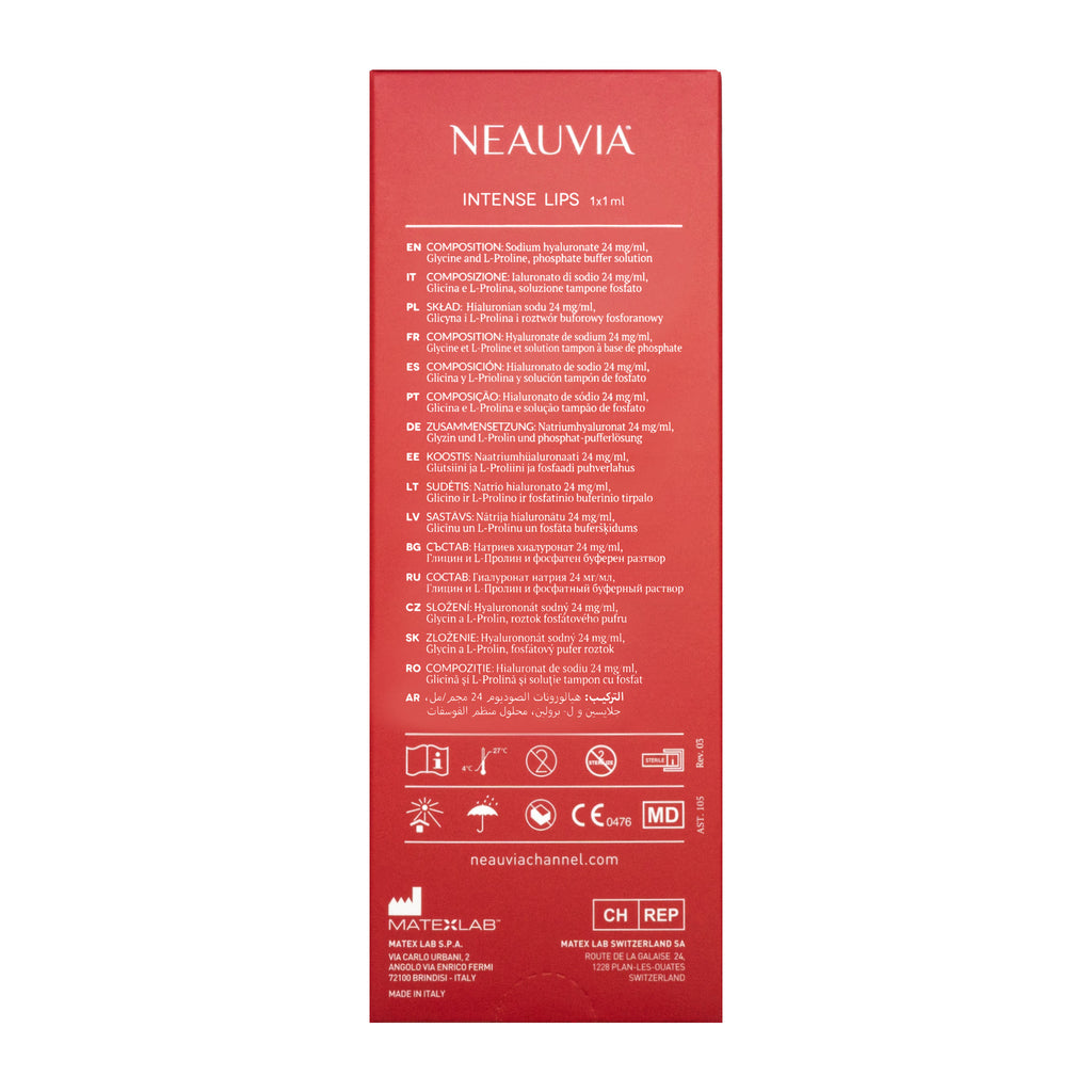 Neauvia Intense Lips packaging with red background and white text