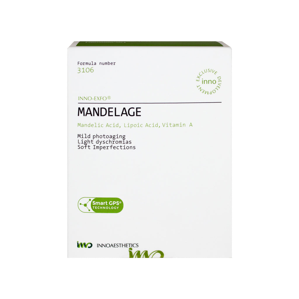 Mandelage skincare product packaging with INNOAESTHETICS branding on a white background