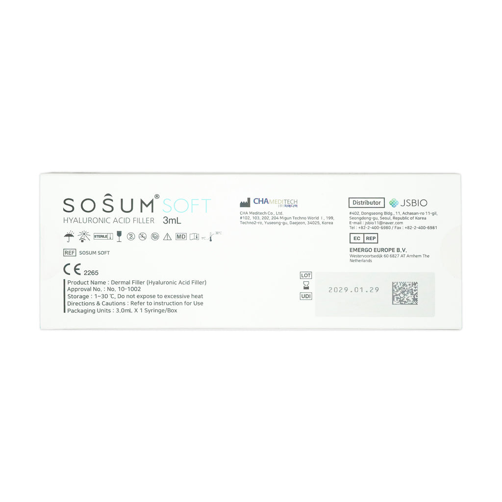 A 3mL box of Sosum Soft Hyaluronic Acid Filler on a clean white background. The packaging features the brand name 'SOsum SOFT' and includes regulatory text, barcodes, and logos for Chama Gelee, Distributor JSBIO, and IPMSAN EUROPE B.