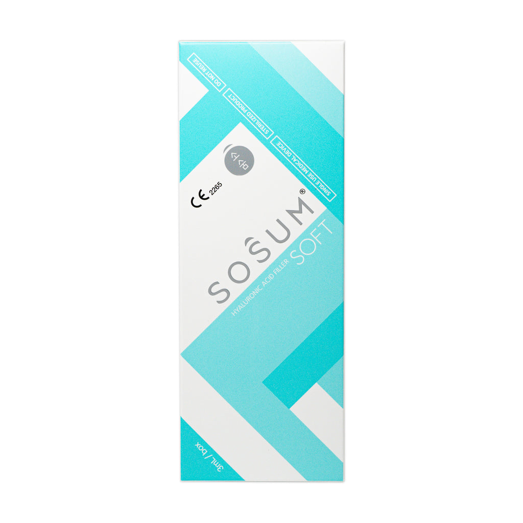 A tall rectangular product box for SoSUm Soft contact lenses, featuring a modern geometric design in shades of cyan, teal, and white. The brand name 'SOsUm' is printed prominently in gray, along with 'SOFT' and '40mm / 2 pk'.