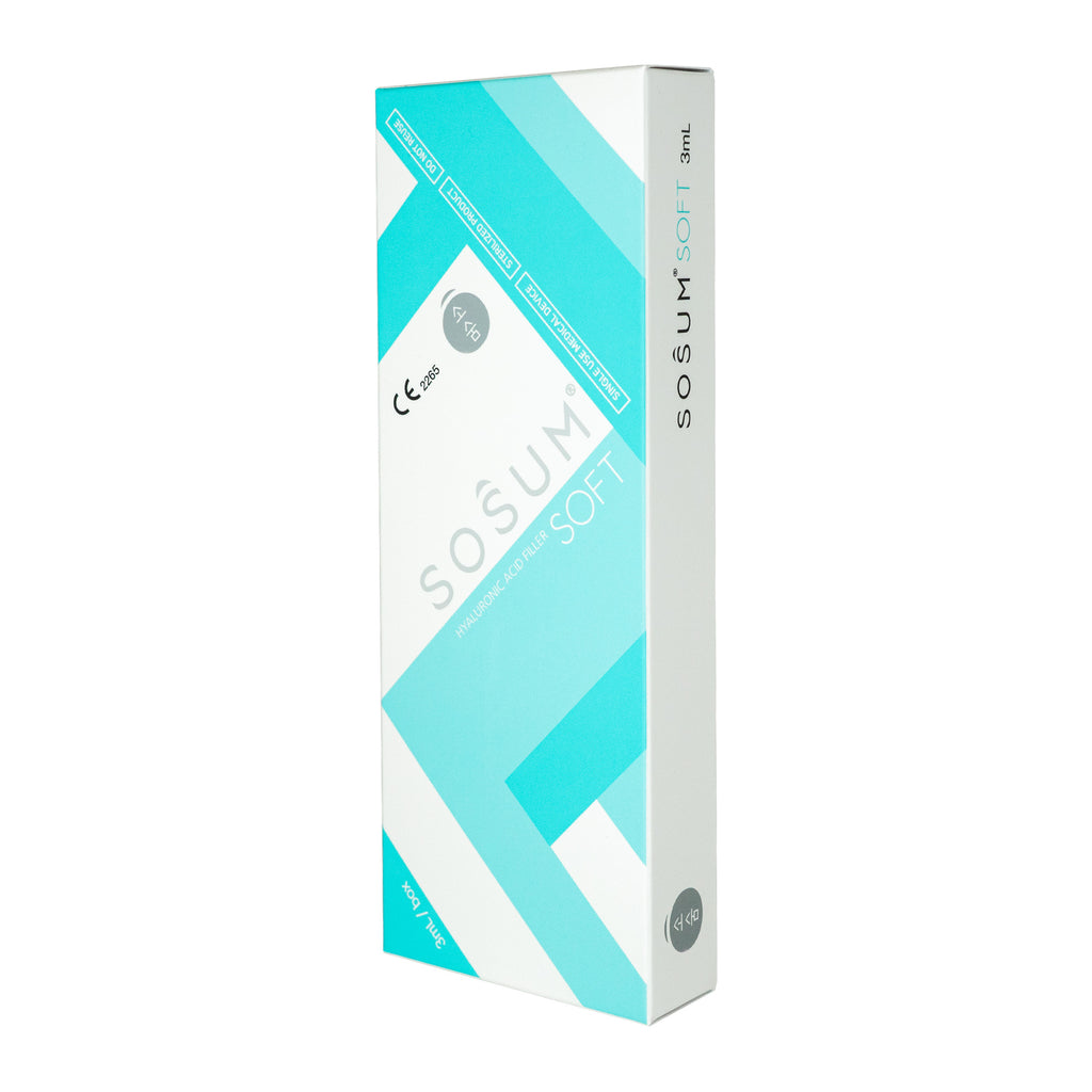 A tall rectangular product box for SOSUM SOFT, featuring a white background with bold geometric shapes in light blue and cyan, and black text on the side panel.