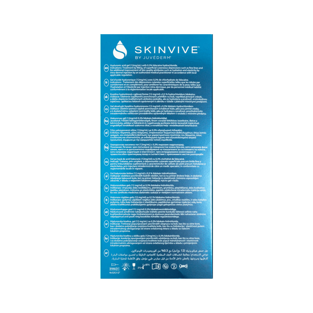 SKINVIVE by Juvederm product packaging with text on a blue background