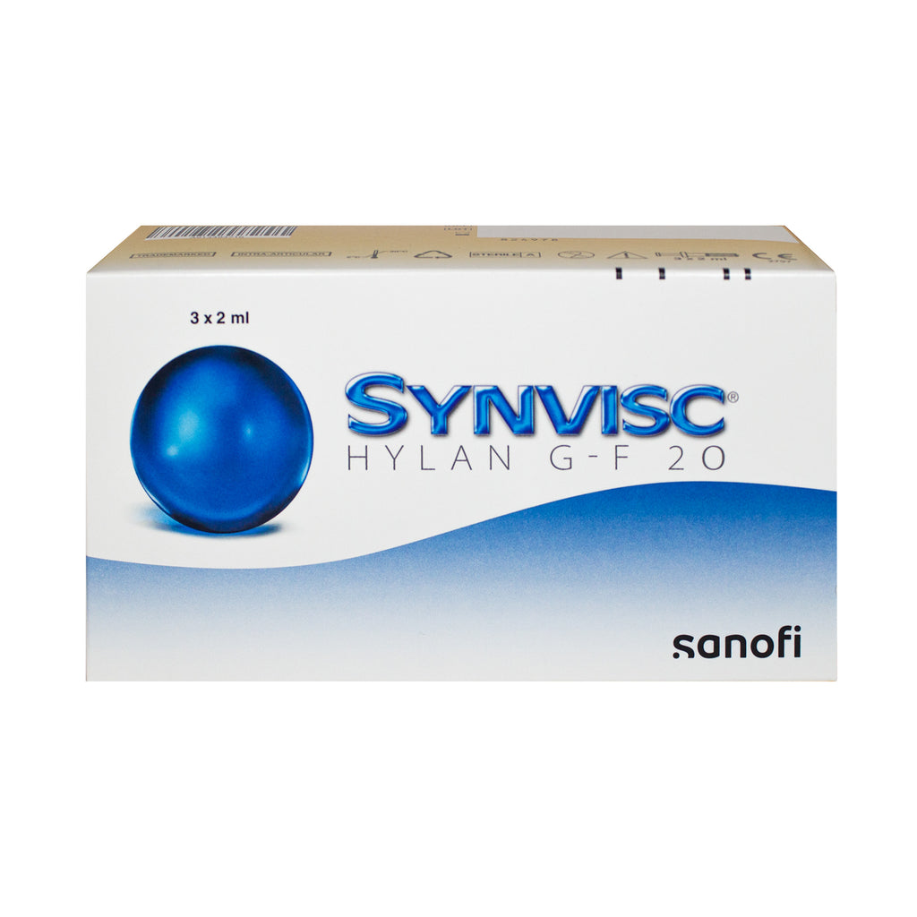 A box of Synvisc Hylan G-F 20 contact lens solution by Sanofi, featuring a white and blue design with a prominent blue sphere graphic.