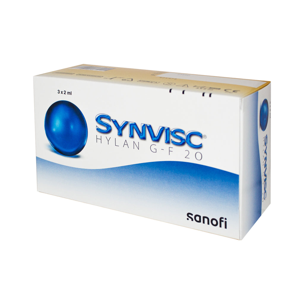 Sanofi Synvisc Hylan G-F 20 carton packaging, 3 x 2 ml, featuring a white box with blue graphics and branding.
